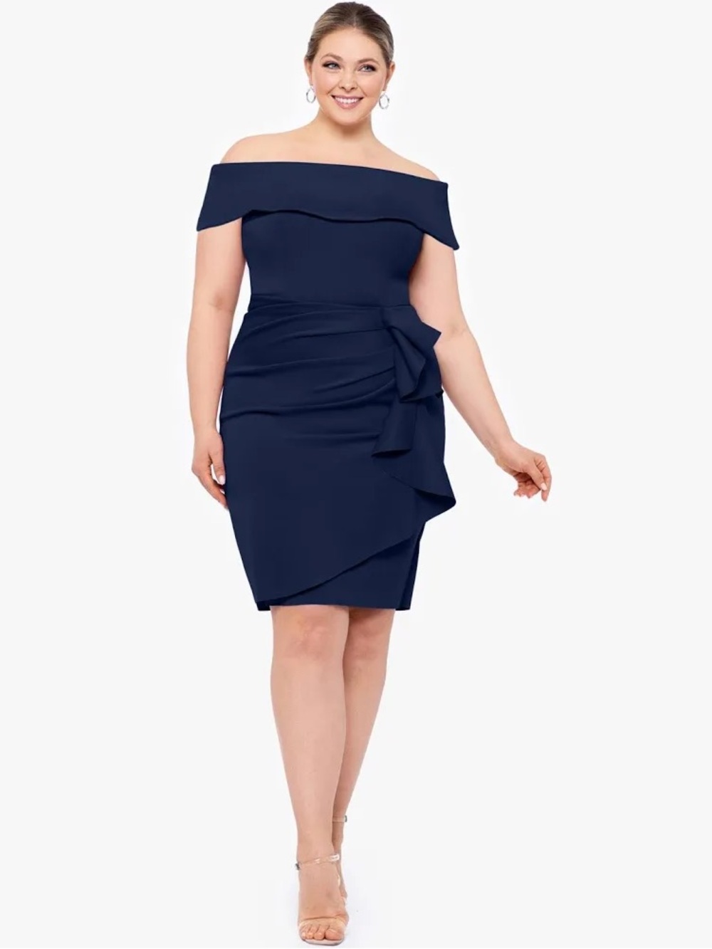 Xscape Off-Shoulder Navy Cocktail Dress with Side Ruffle